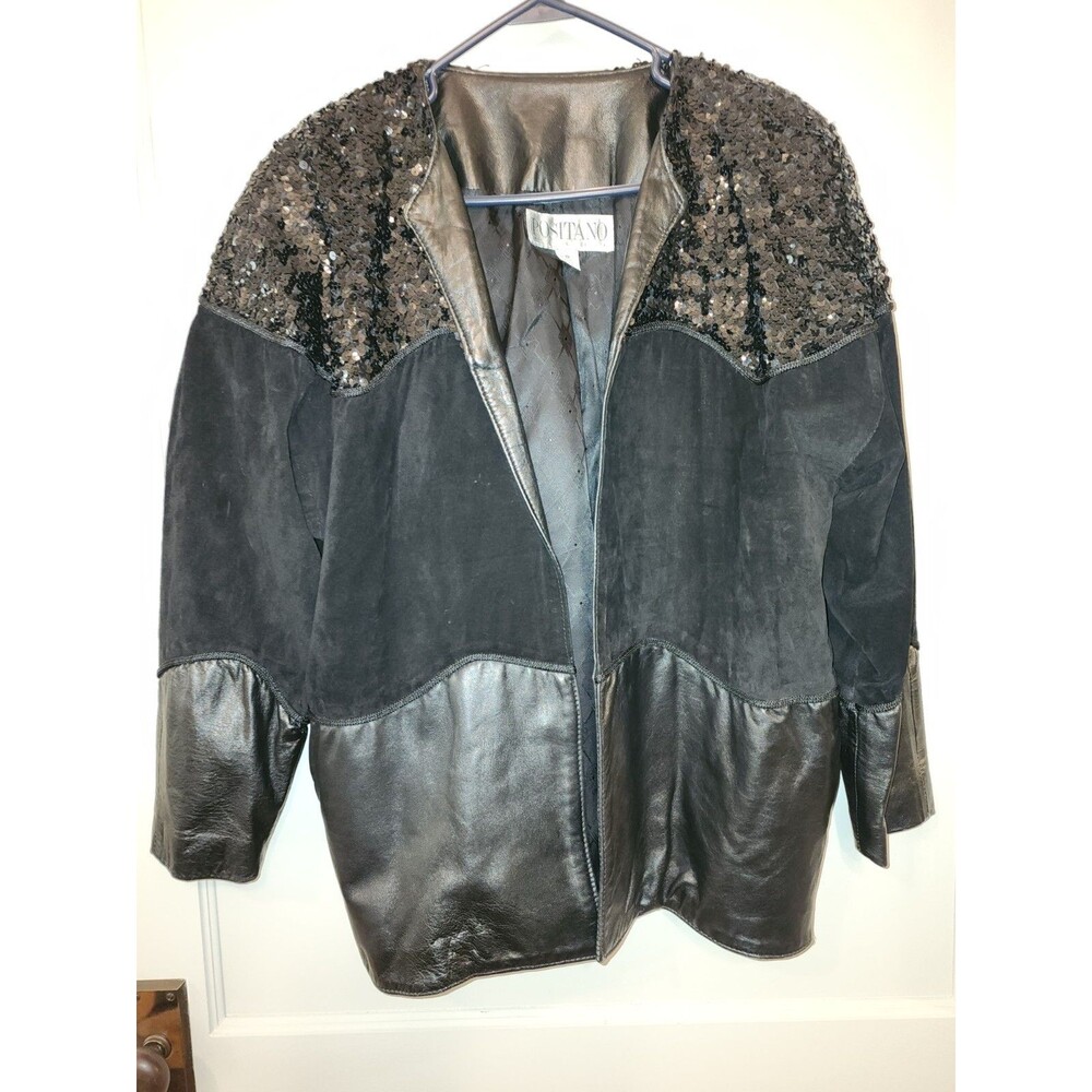 VTG 90s Lg Positano Pelle Black Leather Block Leather Suede Sequin Party Jacket